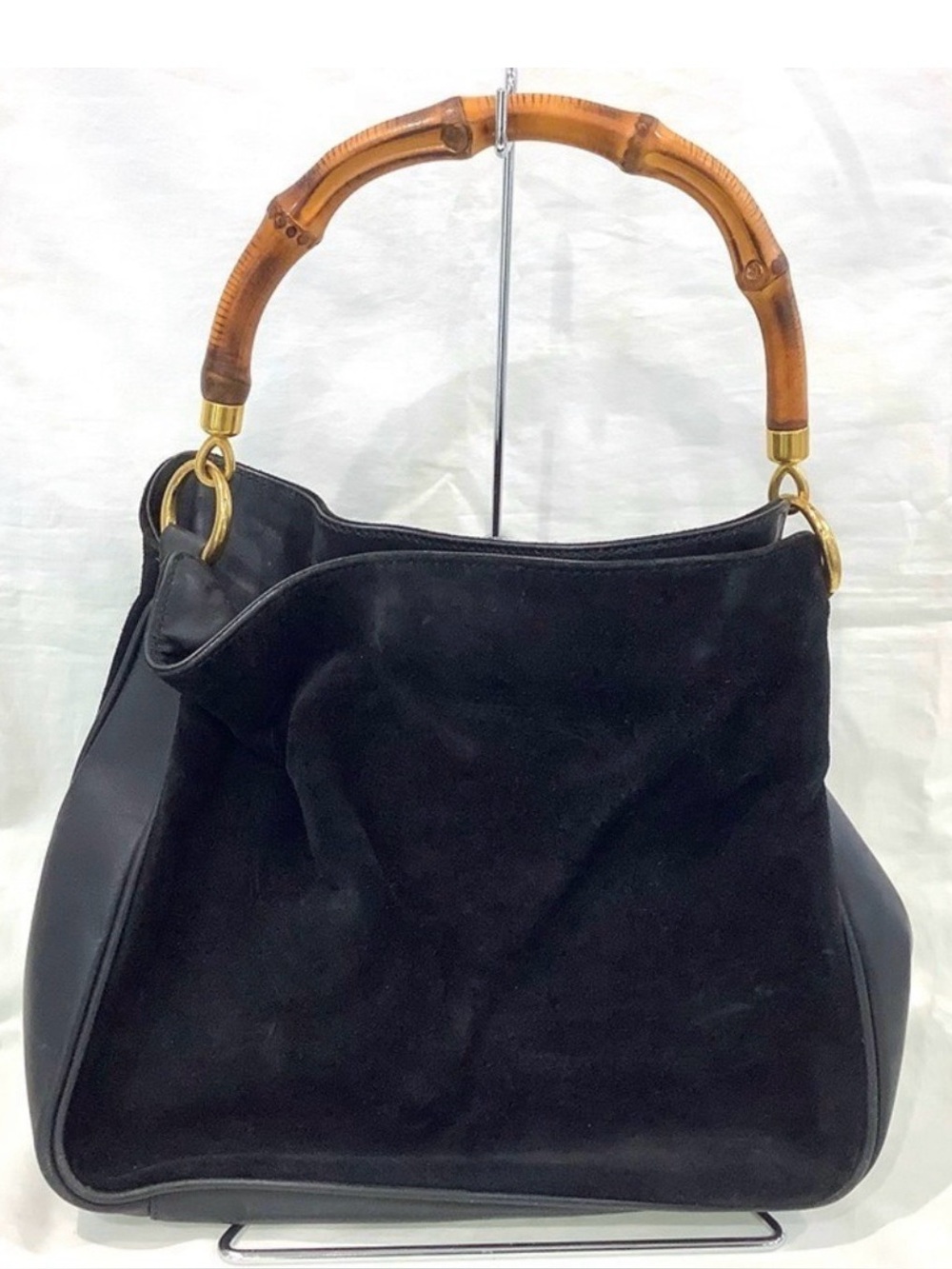 GUCCI Suede Slouchy Bohemian Lady Mob Wives Natural Bamboo Wood Handle Hobo Bag - Picture 6 of 8